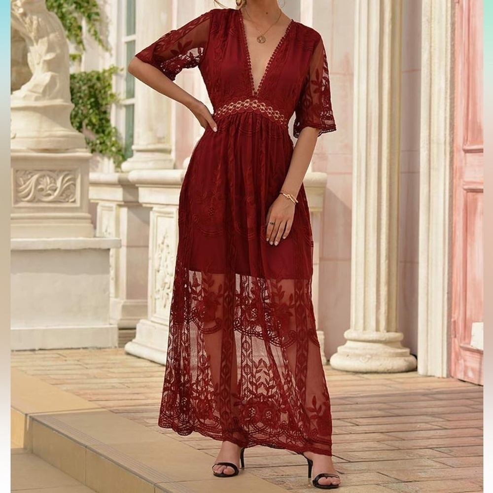 NWOT Boho Floral Lace V Neck Long Evening Dress Maxi Wedding Dark Red Mesh Fall